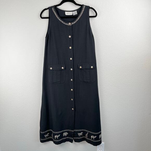 Vintage Lemon Grass Black Safari Linen Button Down Sleeveless Midi Dress Medium - Picture 14 of 15